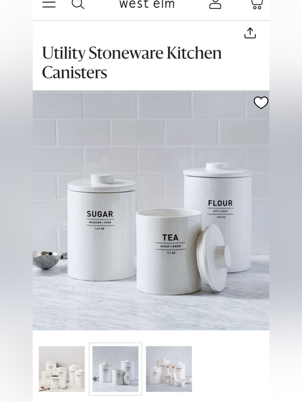 West Elm Utility Stone Flour and Sugar Kitchen Canisters - White